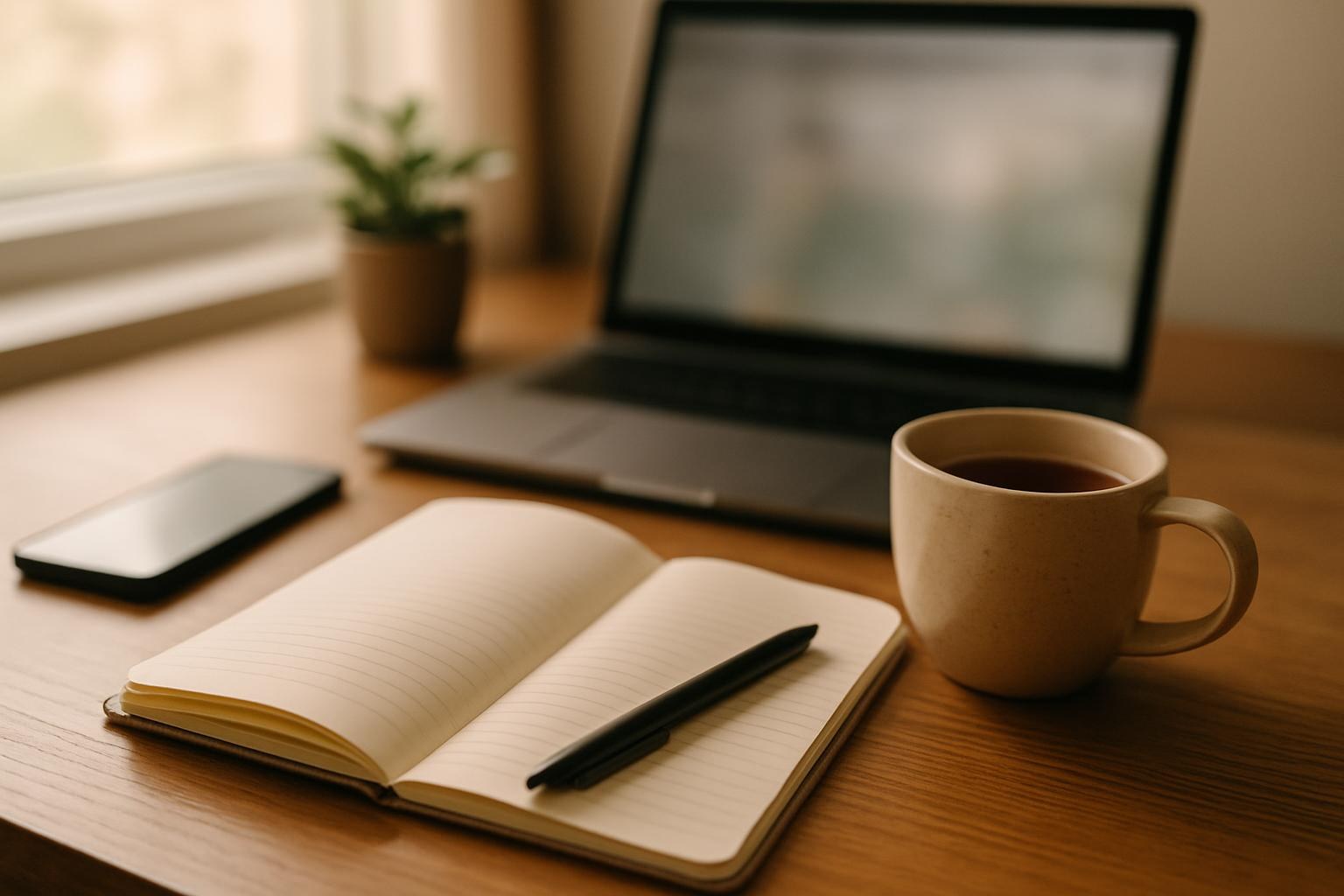 Notizbuch mit Stift neben aufgeklapptem Laptop und Tasse auf einem Holztisch
