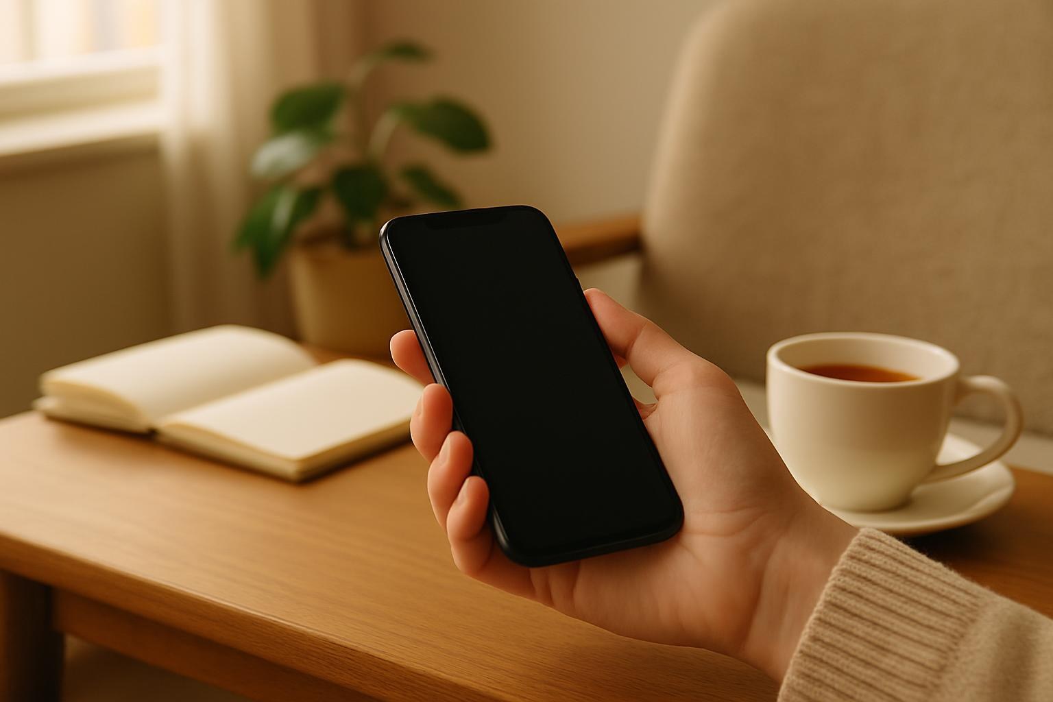 Hand hält ein Smartphone an einem Tisch, im Hintergrund ein Notizbuch und eine Zimmerpflanze