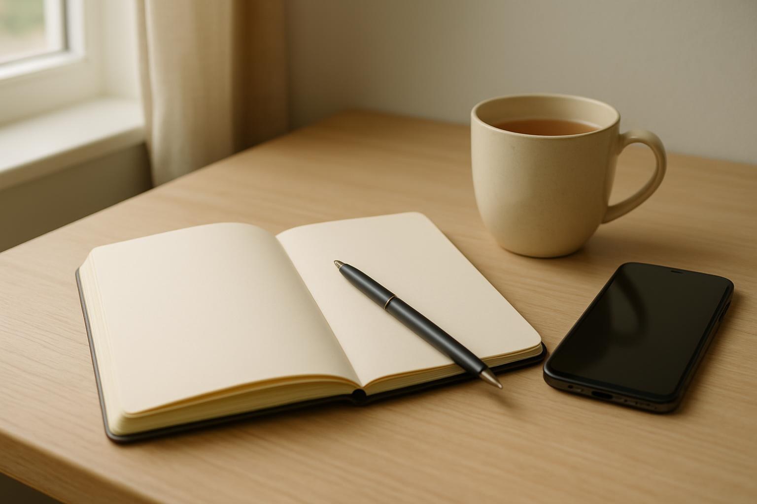 Aufgeschlagenes Notizbuch mit Stift neben einem Telefon auf einem hellen Holztisch